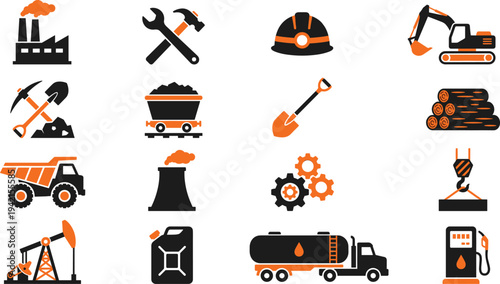 Industrial and mining icon set with factory, excavator, tools, oil pump, dump truck, coal cart, fuel tanker and construction equipment vector illustration