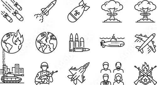 War and Military Conflict Line Icon Set with Missiles, Nuclear Explosion, Fighter Jet, Submarine, Soldier, Ammunition and Global Warfare Symbols