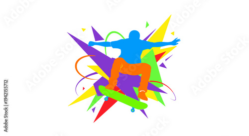 Dynamic Skateboarder Silhouette with Vibrant Abstract Shapes.