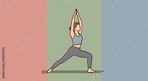 Young woman practicing yoga in warrior pose for strength and balance.