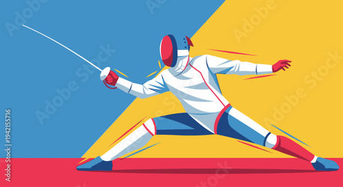 Dynamic Fencer in Action with Foil Weapon.