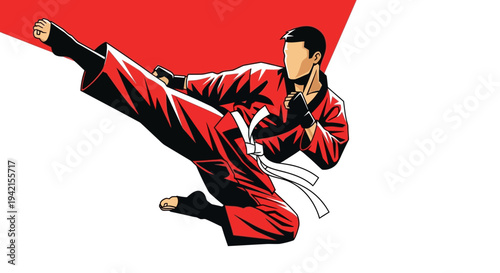 Dynamic martial artist executing a powerful flying kick in mid-air.