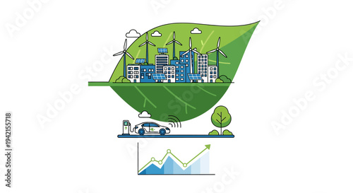 Vector illustration of eco-friendly cityscape with green leaf, industrial and transportation elements