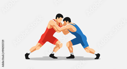 Two male wrestlers in red and blue singlets grappling in a competitive stance.