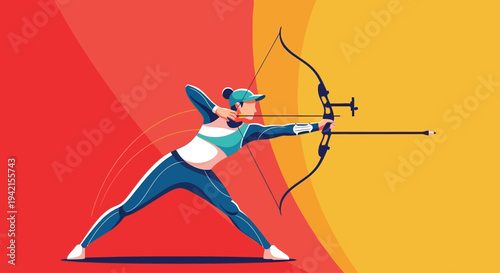 Female archer in action aiming with bow and arrow.