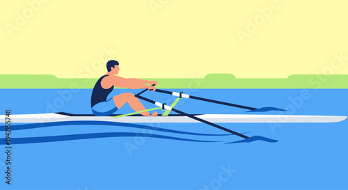 Male athlete rowing a single scull boat on the water.