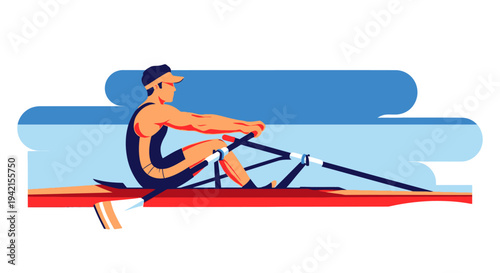 Male athlete rowing a single scull boat with intense focus.