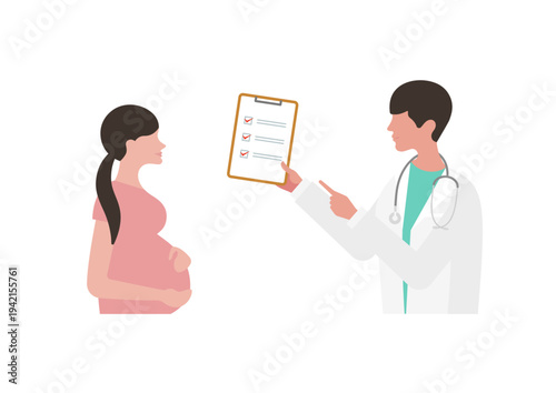 チェックリストを持つ医師と妊婦の診療のベクターイラスト素材（医師左向き）