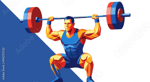 Weightlifter in intense squat position with barbell overhead.