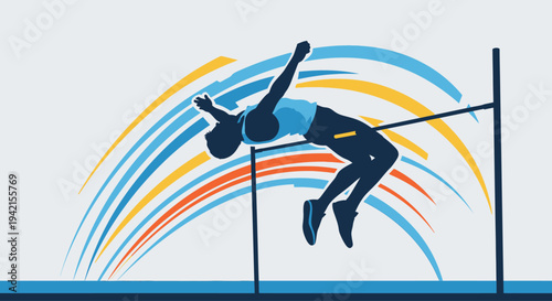 Dynamic high jumper clearing bar in athletic competition.