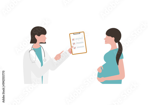 チェックリストを持つ女医と妊婦の診療のベクターイラスト素材（女医右向き）