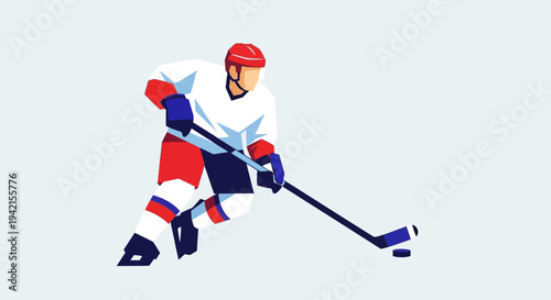 Dynamic Ice Hockey Player in Action with Stick and Puck.