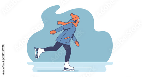 Young Woman Ice Skating Gracefully on a Frozen Rink.