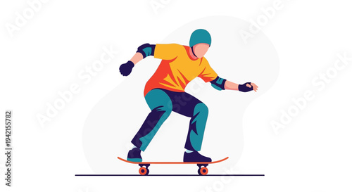 Skateboarder in action with protective gear.