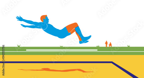 Athlete performing long jump during a track and field competition.