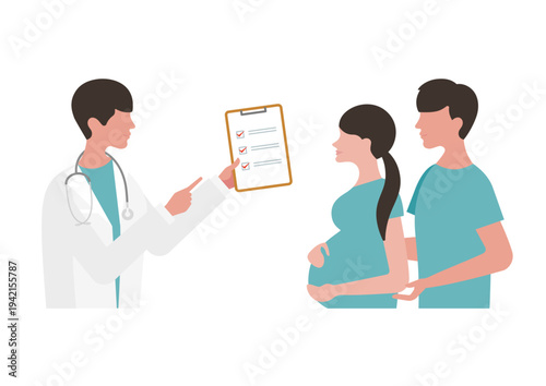 チェックリストを持つ医師と妊婦夫婦の診療のベクターイラスト素材（医師右向き）