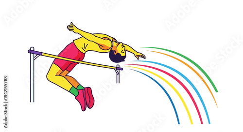 Athlete performing high jump with colorful motion trails.