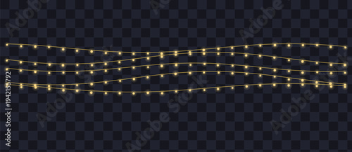 Bright yellow strung lights provide a charming and festive illumination on a dark transparent backdrop