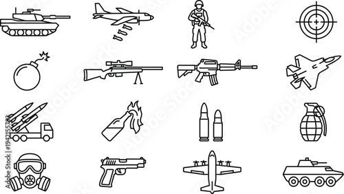 Military Weapons and Army Equipment Line Icon Set with Tank, Fighter Jet, Soldier, Rifle, Grenade, Bomb and Defense Symbols