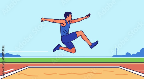 Male athlete performing a long jump during a track and field competition.