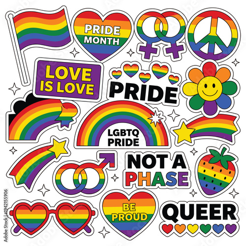 Lgbtq pride month sticker set with rainbow flag and equality symbols