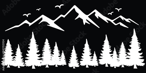 White silhouette of mountain range with pine trees and flying birds on black background