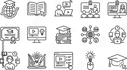 Online Education and E Learning Line Icon Set with Graduation Cap, Video Course, Certificate, Digital Classroom and Knowledge Sharing Symbols