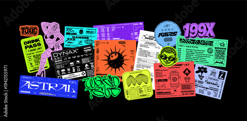 Stylish stickers, Acid Y2K pack with Colorful retro futuristic stickers, tags, labels, badges, cards. Streetwear labels and prints in neon colors. Vaporwave vibe. Y2K elements with lettering. Vector