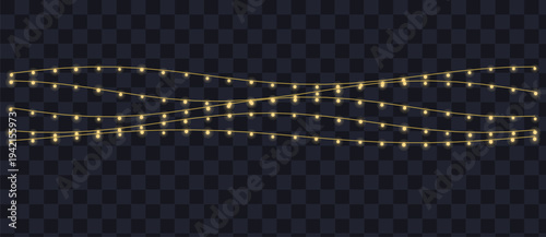 Brilliant yellow glowing bulbs arranged on multiple strands of festive string lights for celebrations