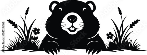 Vector cute groundhog peeking out from tall grass silhouette design