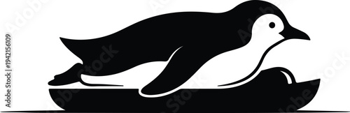 Vector cute penguin sliding on its belly over the ice silhouette design
