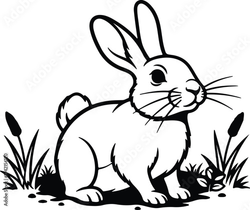 Vector cute rabbit sitting in green grass silhouette design