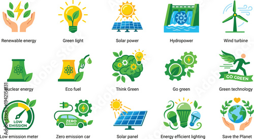 Renewable Energy and Green Technology Icon Set with Solar Power, Wind Turbine, Hydropower, Eco Fuel, Zero Emission and Sustainability Symbols