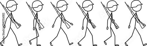 Soldier marching sequence stick figure animation vector illustration showing walking military infantry with rifle step by step motion frames
