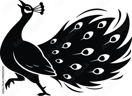 Vector elegant peacock bird spreading tail feathers silhouette design