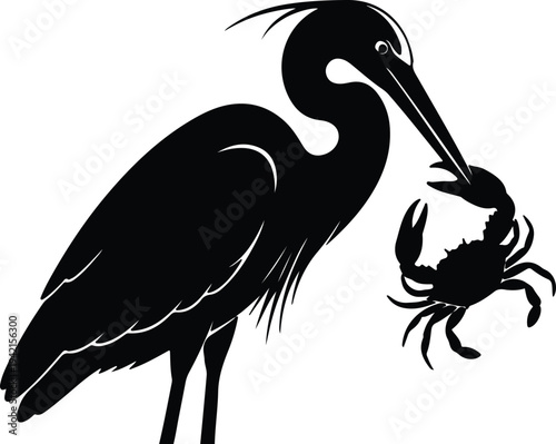 Vector Heron bird catching crab in its beak silhouette design