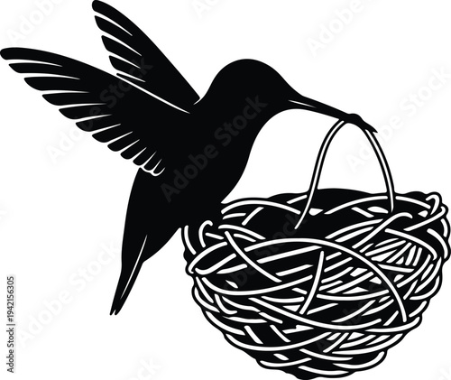 Vector hummingbird building nest with natural materials silhouette design