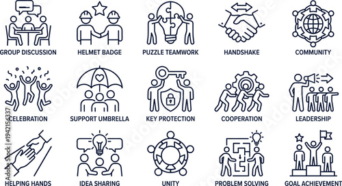 Teamwork and collaboration line icon set with group discussion, leadership, puzzle teamwork, idea sharing, cooperation and goal achievement symbols vector illustration