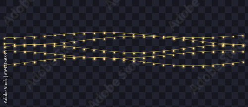 Three strings of glowing yellow light bulbs illuminate a dark transparent checkered background with a festive feel