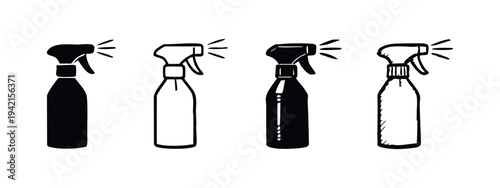 Spray Bottle with Mist Icons Set. Cleaning Sprayer with Action.