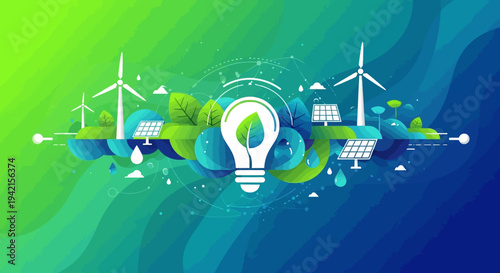 Vector eco-friendly energy concept with light bulb and renewable sources