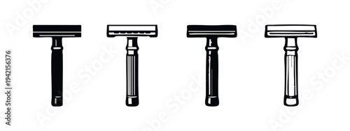 Vintage Safety Razors Icon Set. Classic Shaving Tools Vector. Men's Barber Supplies Illustration.