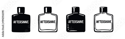 Set of four stylized black and white aftershave bottle icons with text label