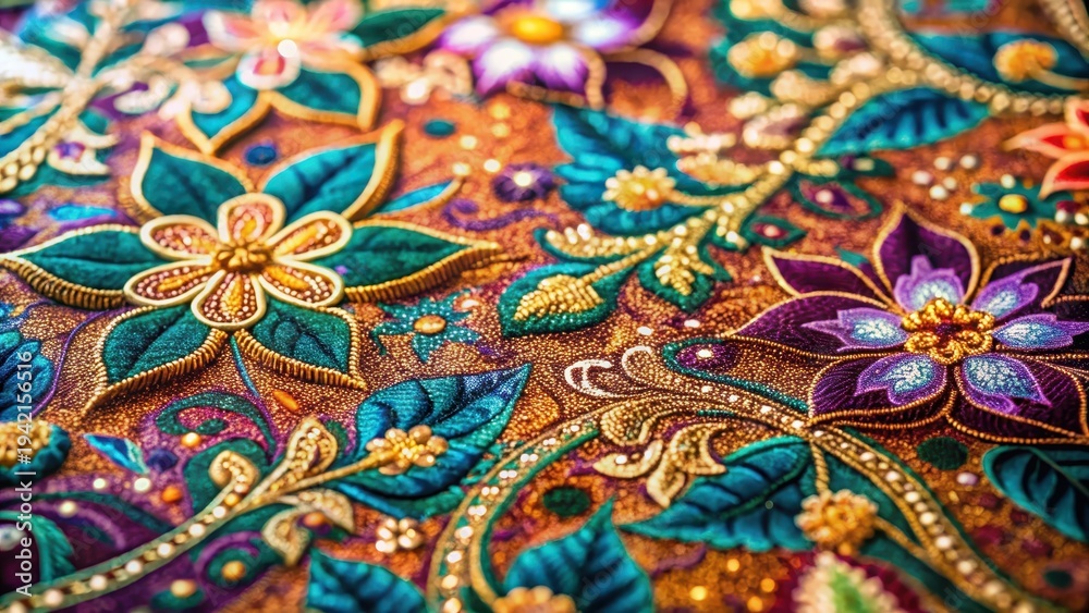 Fototapeta premium A photo of a traditional Malay batik pattern featuring intricate floral motifs and geometric designs on a vibrant fabric The design is meticulously d