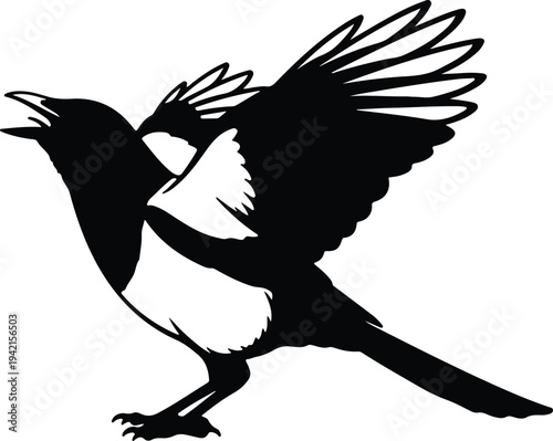 Vector magpie bird with wings spread and open beak profile silhouette design