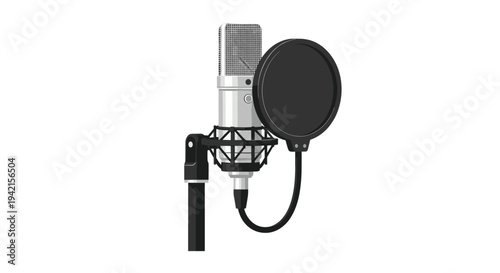 A silver condenser microphone with a black pop filter is mounted on a stand against a clean white background.