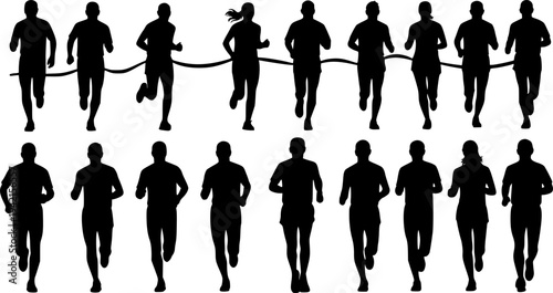 Marathon run. Group of running people, men and women. Isolated vector silhouettes
