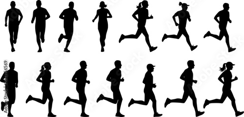 Marathon run. Group of running people, men and women. Isolated vector silhouettes
