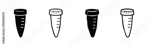 Centrifuge tube vector icon set. Conical laboratory tubes with screw caps. Biology research equipment.