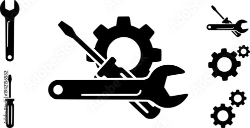 Tools and Service icons set. Wrench, screwdriver and gear icon. Screwdriver and wrench glyph icon. Settings and repair, service sign - stock vector on white background
